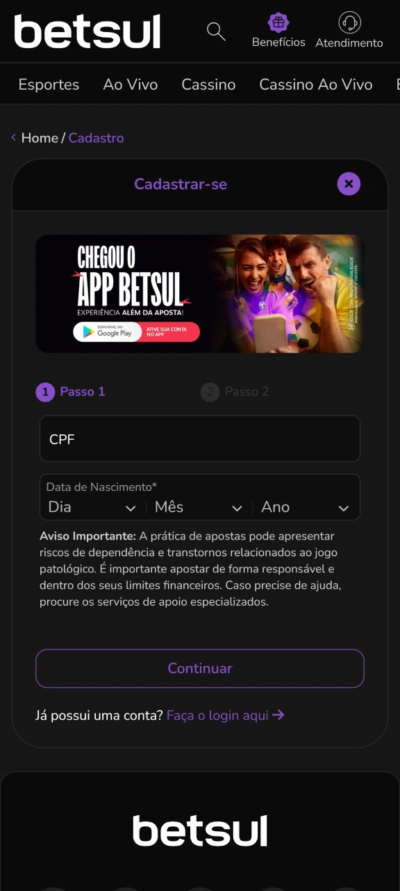 Realize o processo de cadastro diretamente na versão mobile do Betsul.